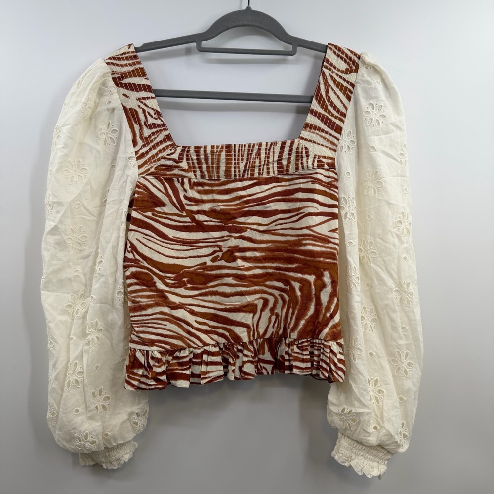 Anthropologie Love The Label Zebra Eyelet Puff Sleeve Smocked Blouse M